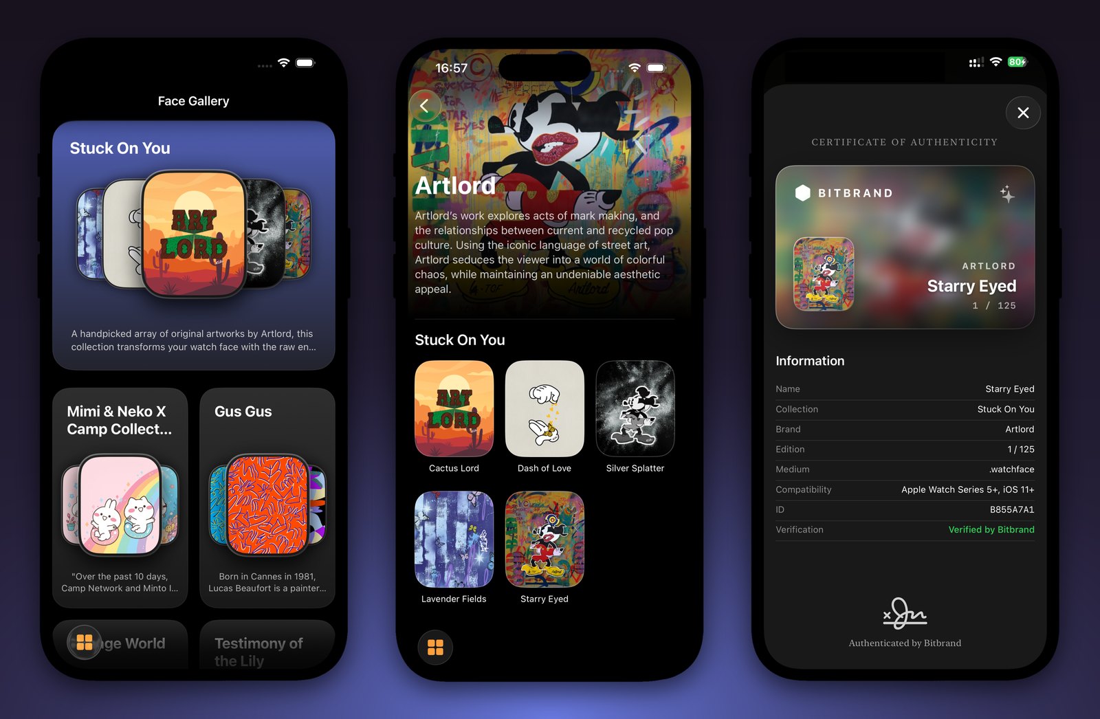 Bitbrand 2.0 screens: the Face Gallery with limited edition Apple Watch faces, an artist page with its collection, and the certificate of authenticity